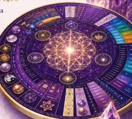 Mesa Quântica com símbolos e cristais