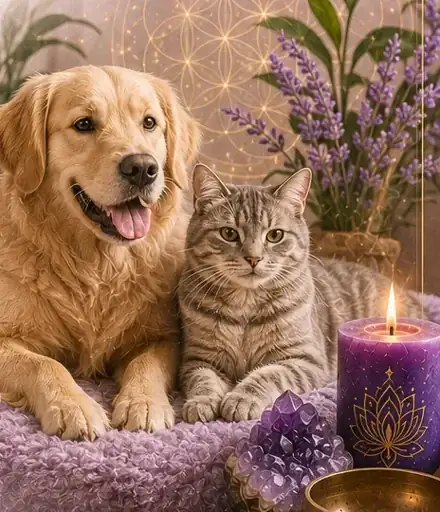 Cachorro e gato deitados ao lado de cristais e vela
